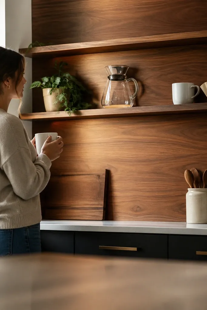 Walnut backer panel behind floating shelves with light wood shelves and glass pour-over tools