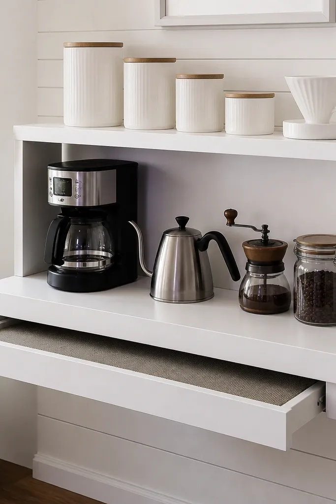 White floating shelves with a shallow hidden tray under the front edge and white canisters