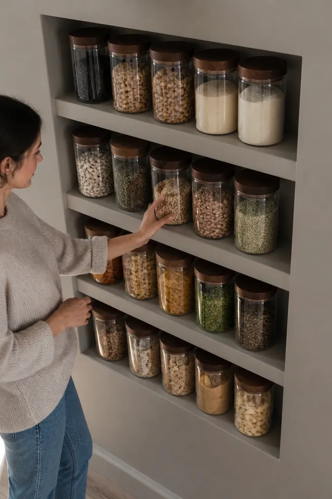 Floating shelves that are half-depth with clear jars and a centered coffee canister