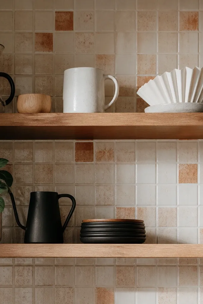 Floating shelves mounted over a small ceramic tile rectangle with mugs and coffee canisters