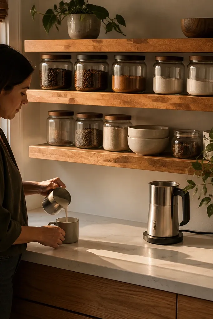 Butcher block floating shelves with a hard wax finish and clear jars for coffee and filters