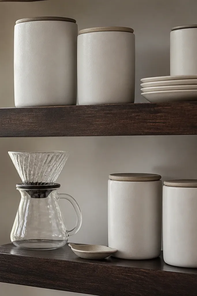 Dark espresso stained floating shelves with white canisters and a glass carafe