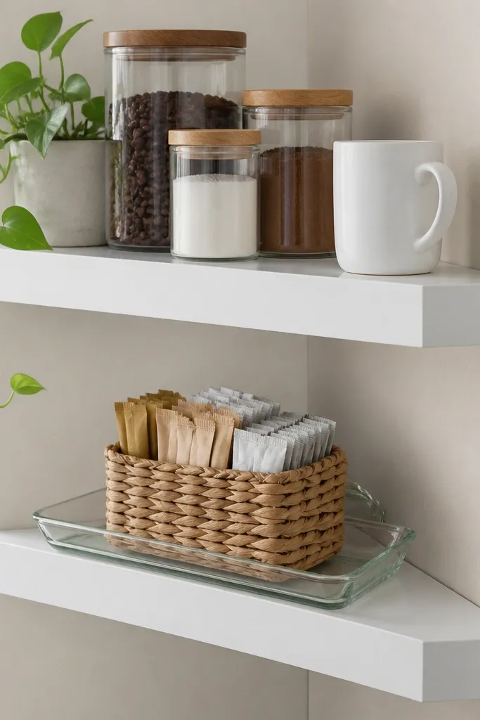 Light wood floating shelves with rattan accents and clear coffee jars