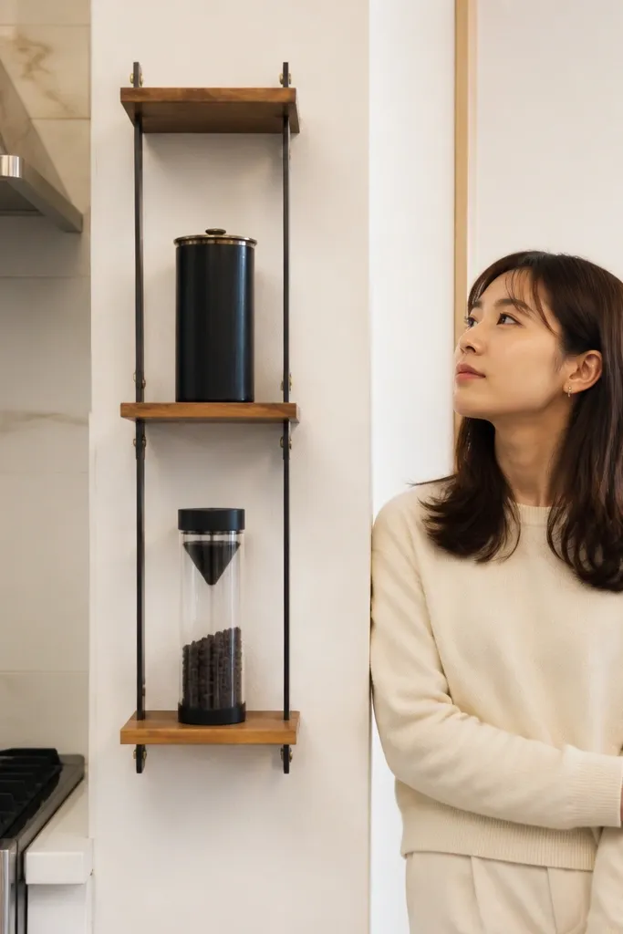 Narrow floating shelves with tall vertical coffee canisters and minimal mugs