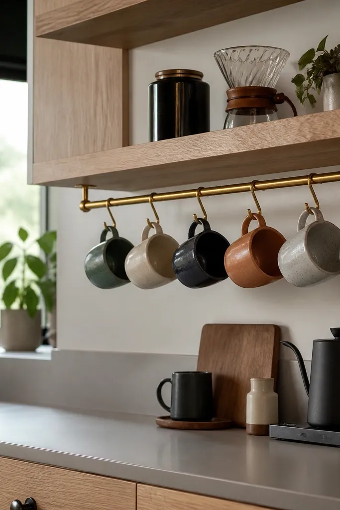 Floating shelves with a small hanging rail holding cups and tidy canisters