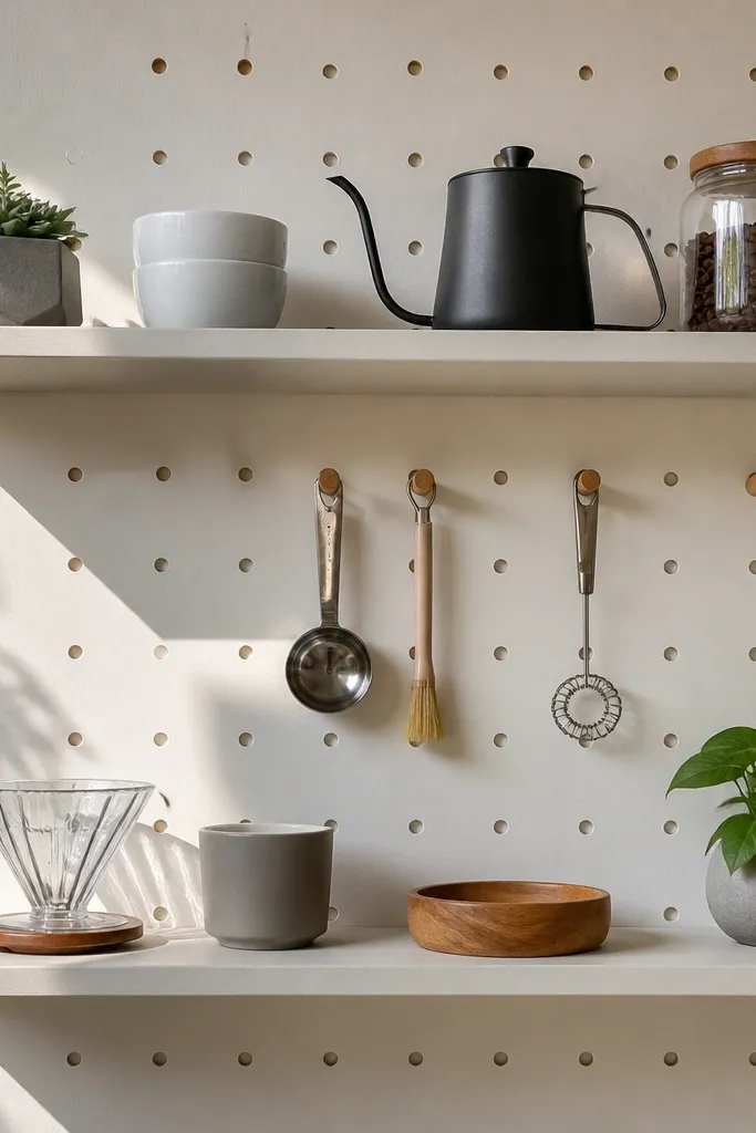 Floating shelves with a pegboard behind showing tools on hooks and neat jars