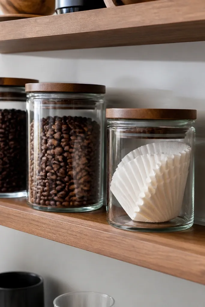 Clear canisters on floating shelves with a clean, light shelf-edge backing