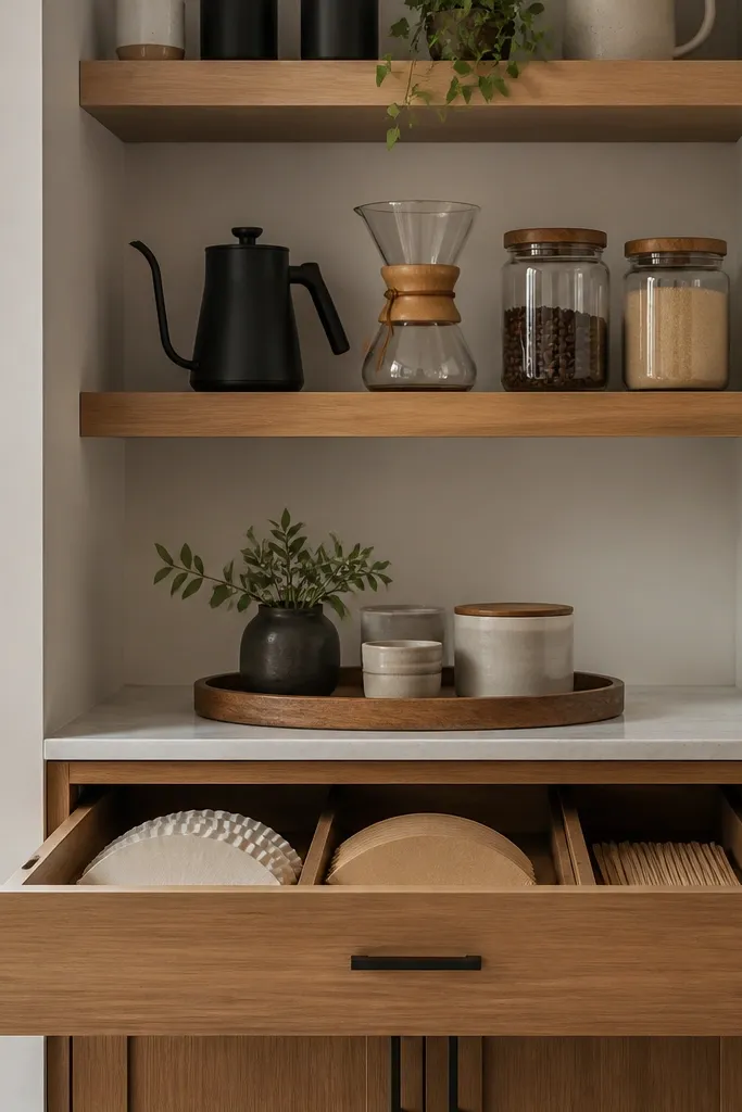 Floating shelves above a pull-out drawer with coffee tools and canisters