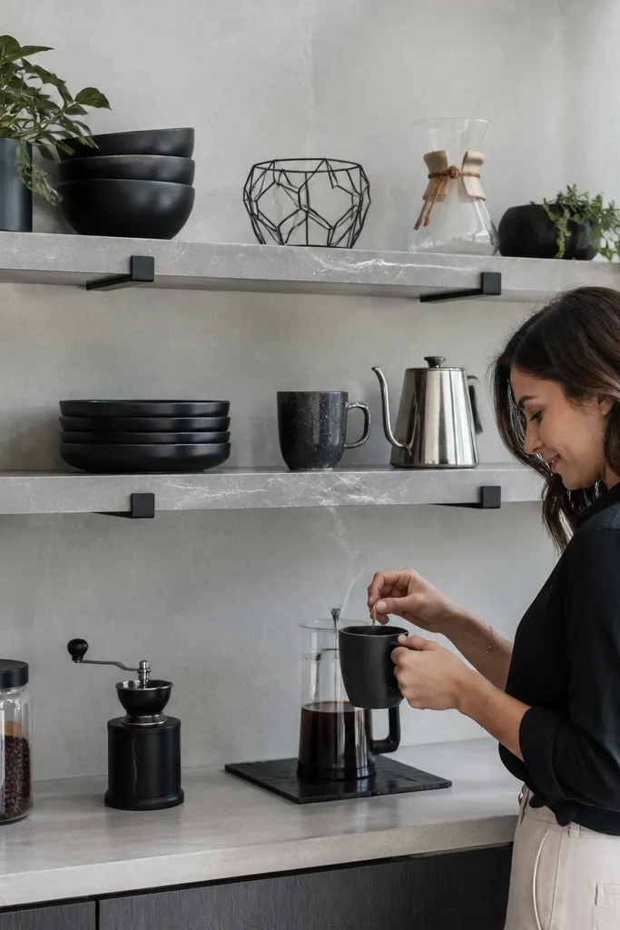 Stone-look laminate floating shelves with coffee jars and a small espresso tool set