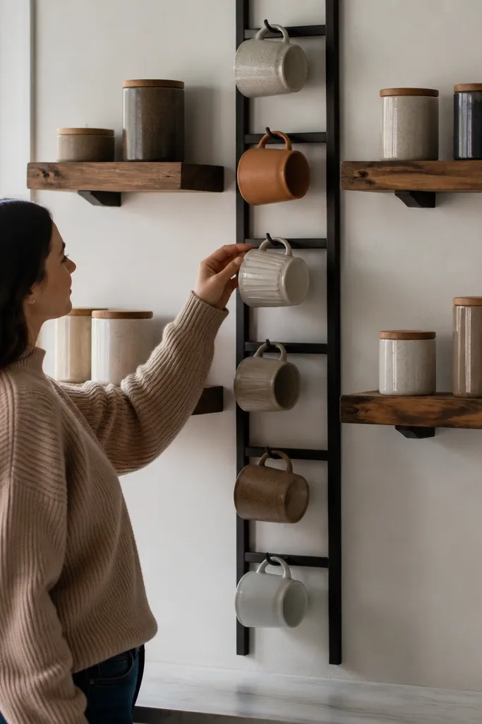 Shallow floating shelves with a center mug ladder and matching canisters
