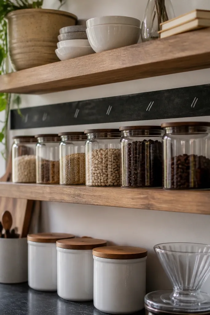 Floating shelves with a small chalkboard strip and labeled coffee jars