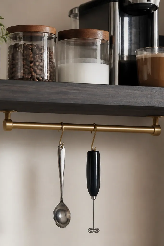 Floating shelves with a brass rod under the top shelf holding a spoon and frother