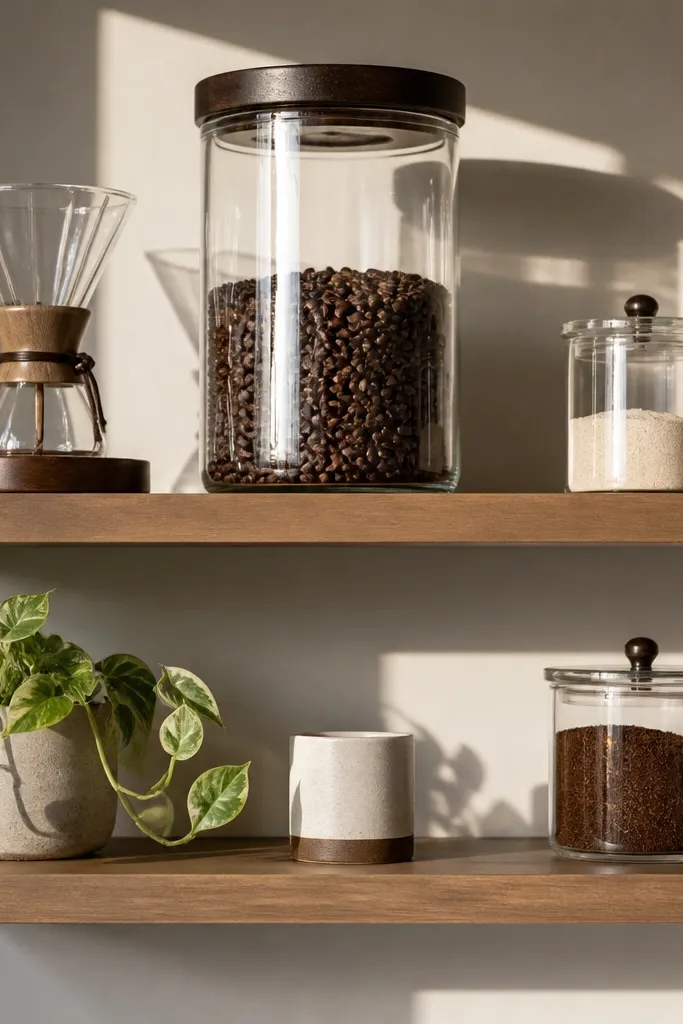 Floating shelves with one tall oversized canister centered and smaller jars on the sides