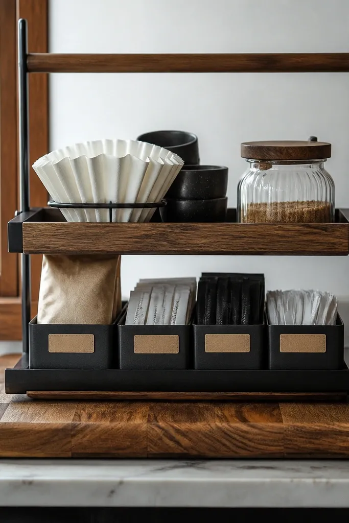 Small tiered tray with sealed wood base and labeled bins for coffee supplies