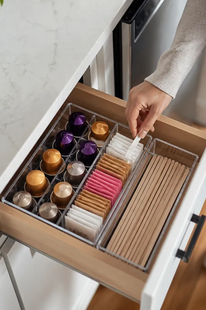 Clear acrylic organizer with compartments for coffee pods and sweetener packets