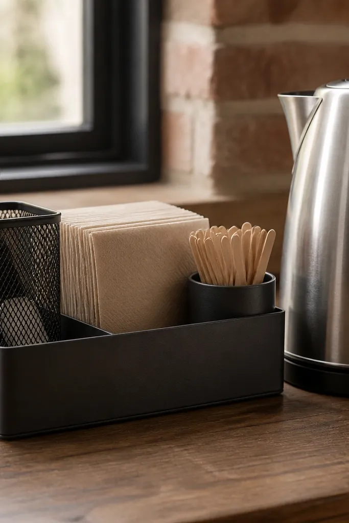 Metal caddy with mesh holder for coffee scoop and small bins for supplies