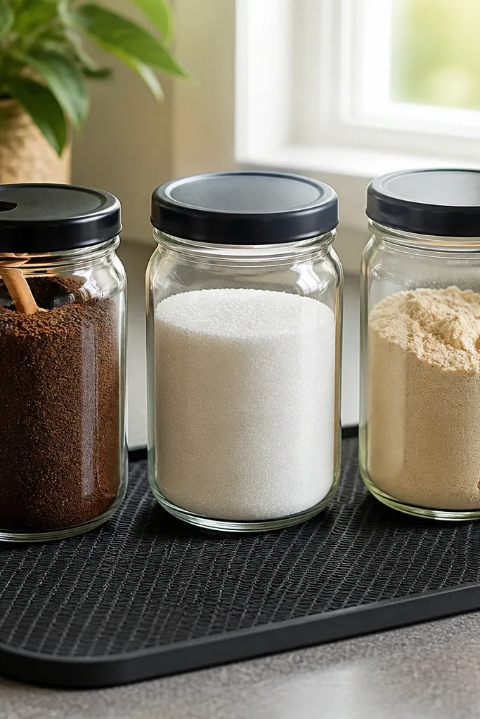 Tray with three jars labeled for coffee, sugar, and creamer