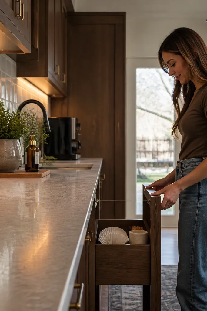 Pull-out caddy next to cabinet holding filters and stir sticks