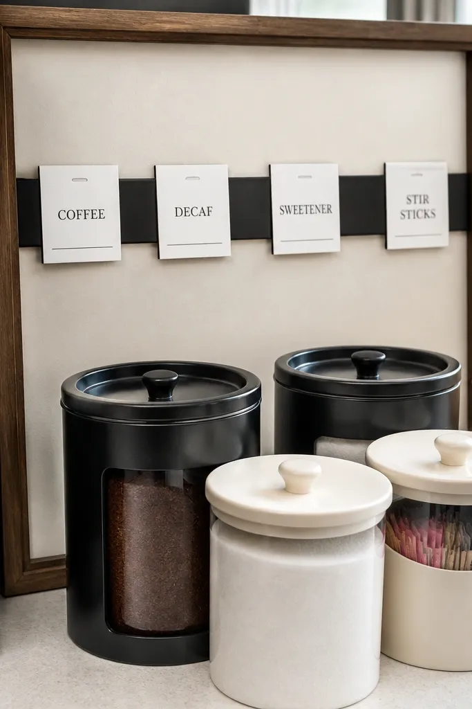 Magnetic spice strip labels on a board with coffee and sweetener containers