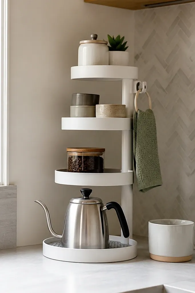 Corner caddy with vertical riser and towel ring for quick wipe cloth