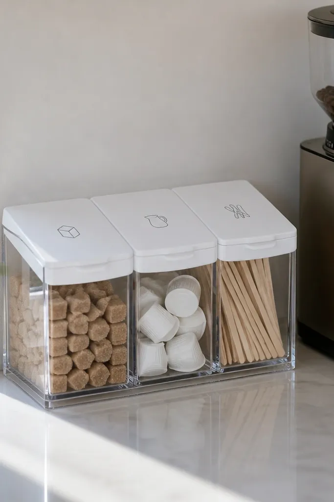 Three lidded countertop bins arranged in a row for coffee add-ins