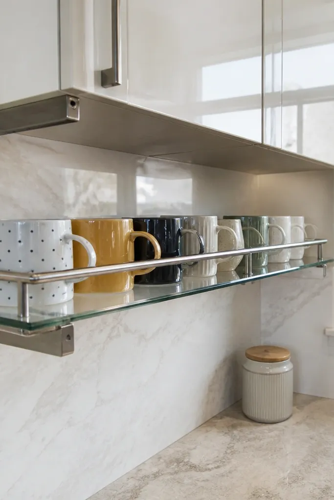 Tempered glass shelf with stainless rail holding stacked cups and mugs