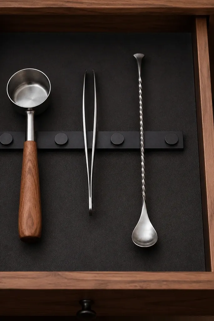 Drawer insert with compartments and a magnetic strip holding a coffee scoop