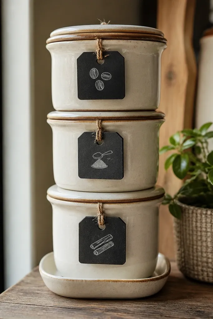 Stackable canisters with chalk labels on a narrow shelf