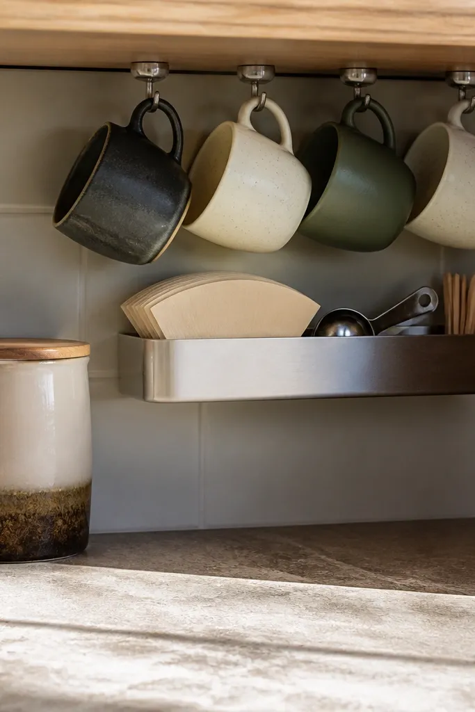 Under-cabinet magnetic hooks with cups hanging and a slim tray below
