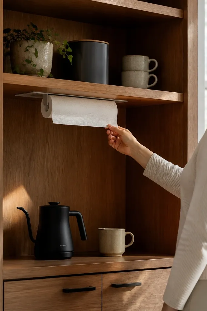 Paper towel holder integrated into a coffee shelf beside a small station tray