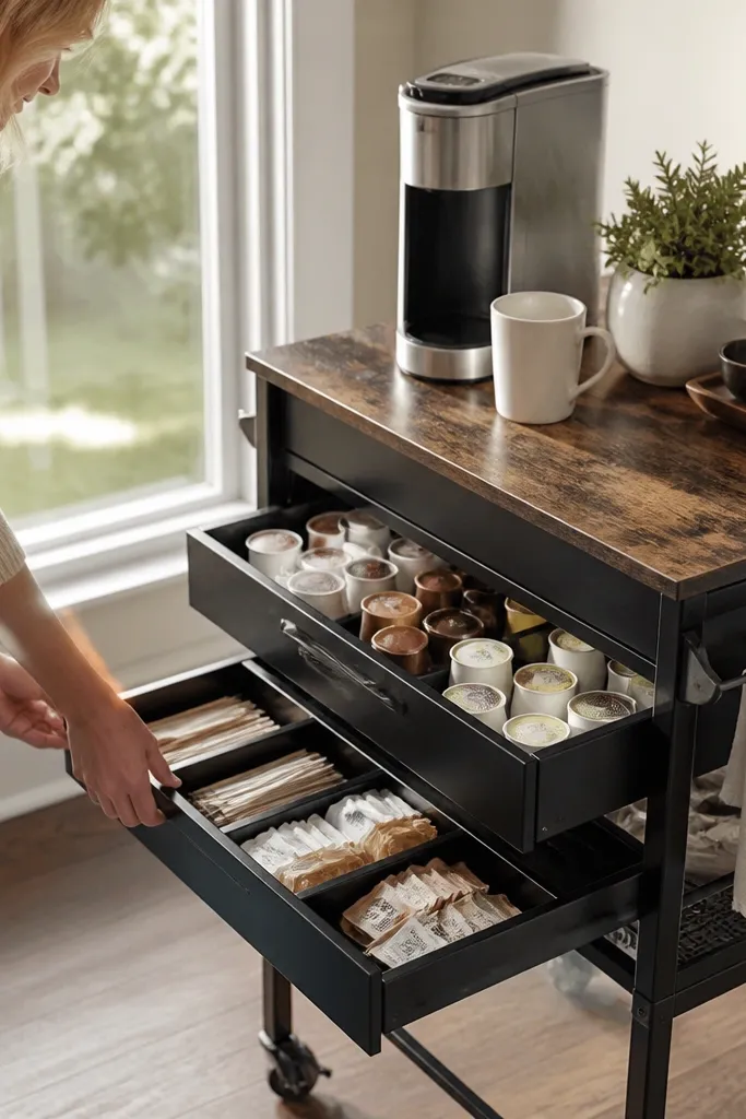 Small coffee cart with two pull-out trays and neatly arranged bins