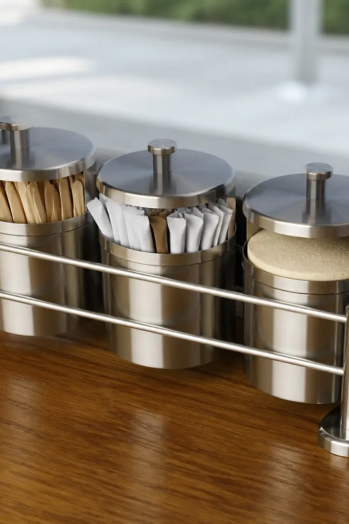 Satin utensil rail with small labeled cups holding sweeteners and stir sticks
