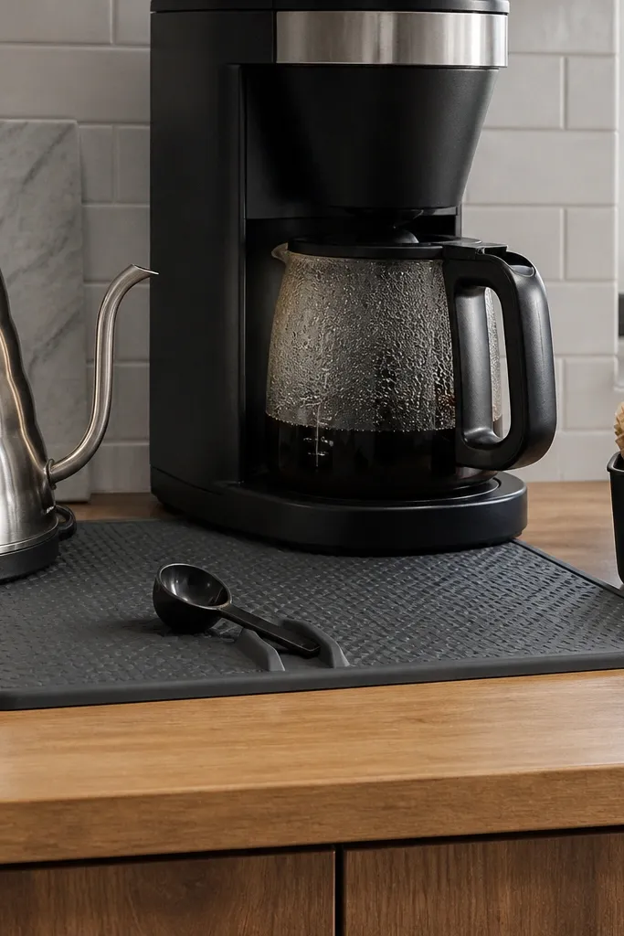 Heat-safe mat next to coffee maker with a scoop rest molded into it
