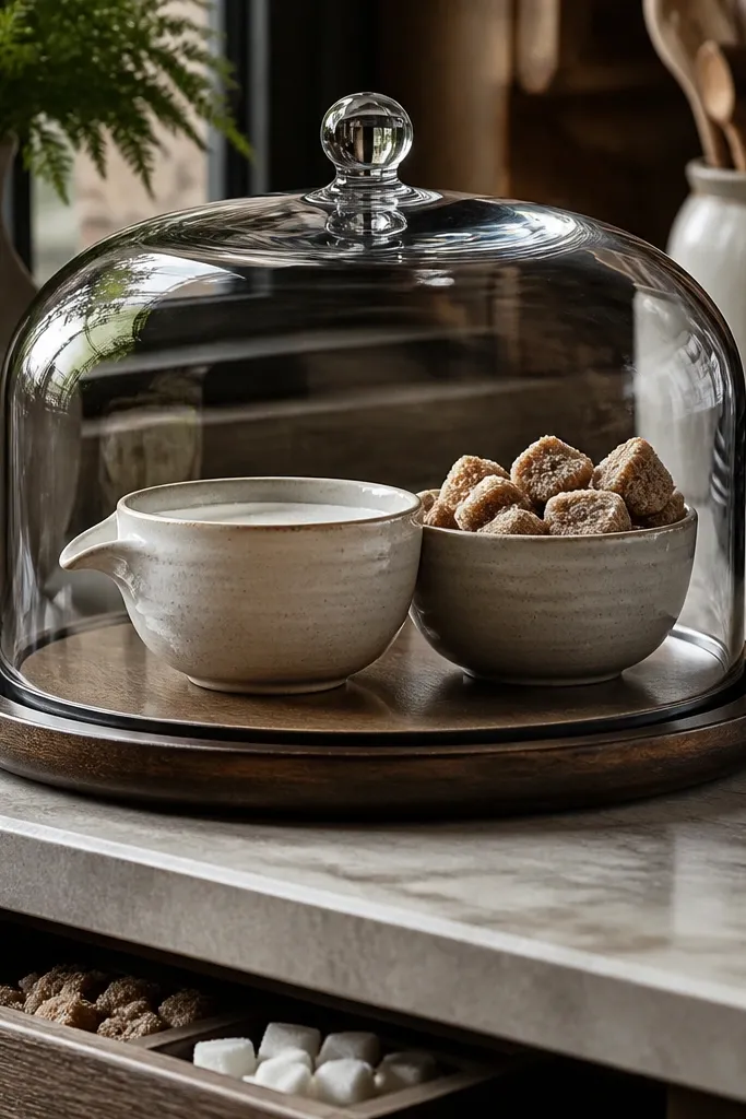 Glass cloche covering sugar and creamer with a hidden bin underneath