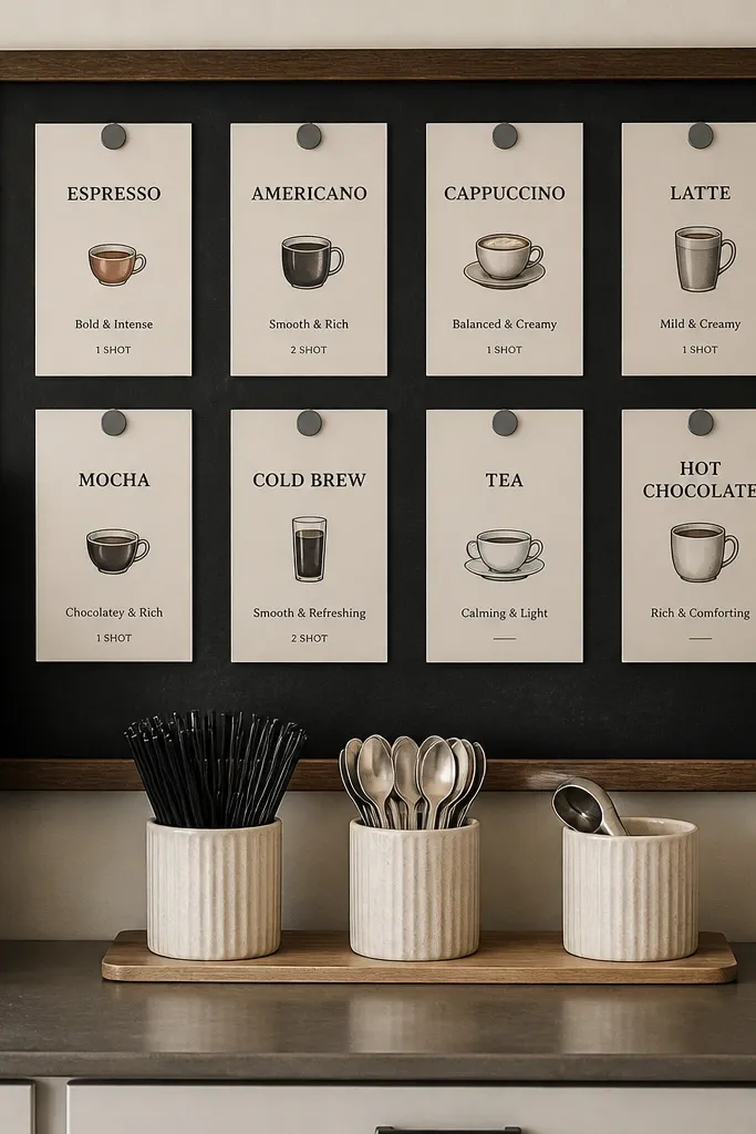 Magnetic chalkboard menu behind coffee maker with utensil cups holding add-ins