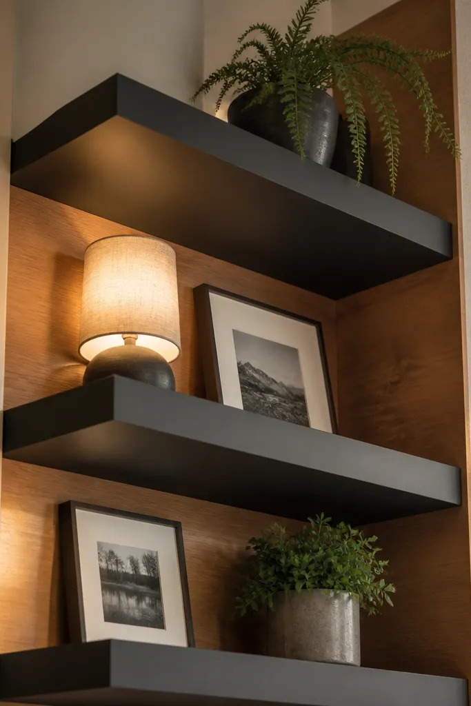 Charcoal corner shelves with a light wood back panel and clean open cubbies