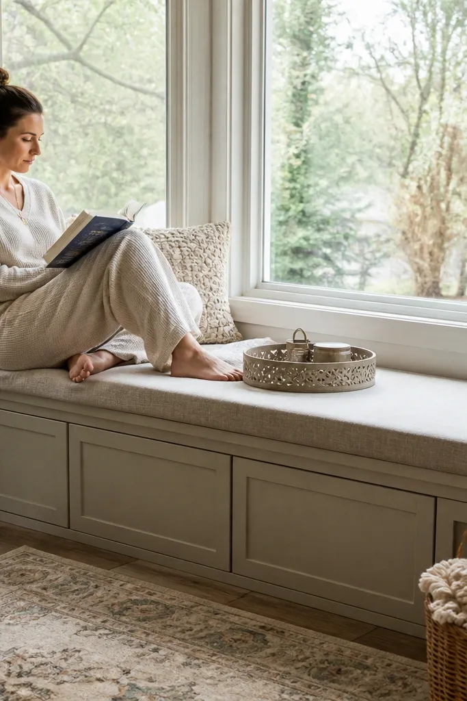 Corner built-in window seat with storage cubbies below and painted trim