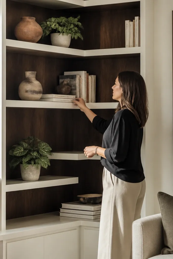 White corner built-in shelves with walnut-toned interior backing