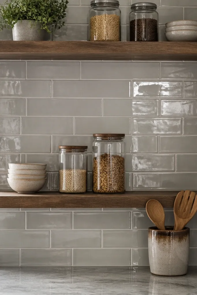 Open corner shelves with a small tile back panel behind them