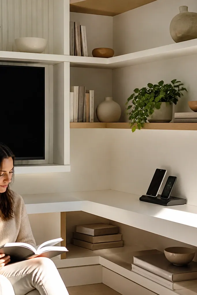 Corner built-in shelves with a hidden cable strip behind the shelf line