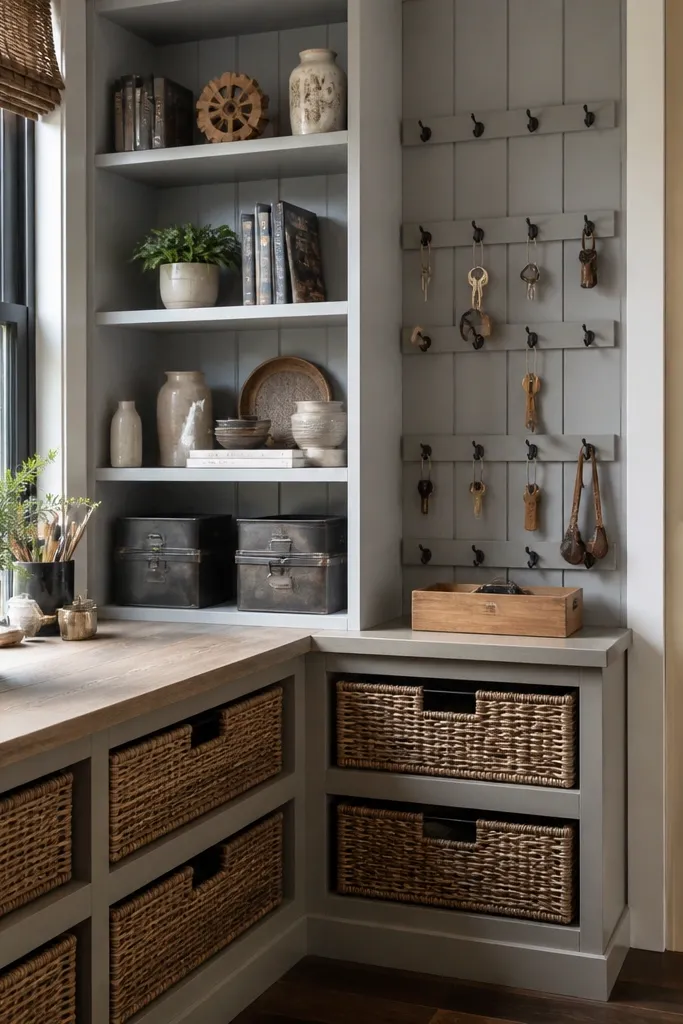 Corner built-in shelves with peg rail above and closed basket storage below