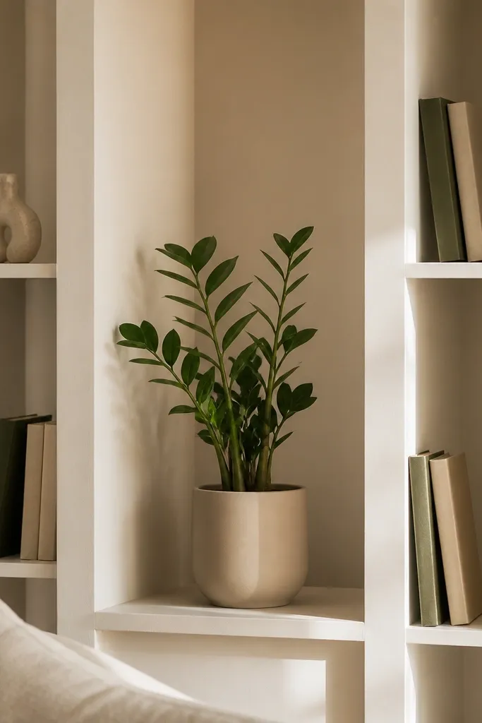 Slim corner built-in shelves with a recessed niche for a plant display
