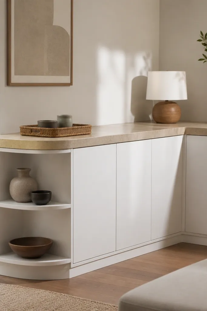 Corner built-in shelves with a thick top surface and hidden storage behind doors