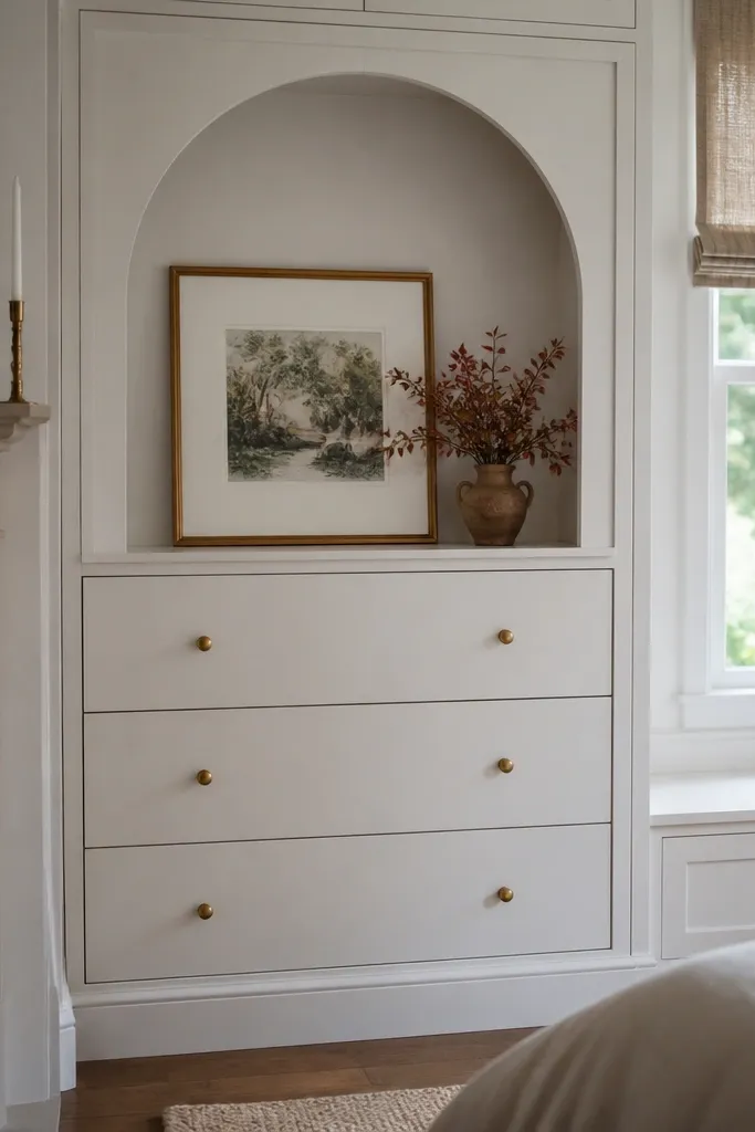 Corner built-in with arch-top niche and lower drawers in a painted finish
