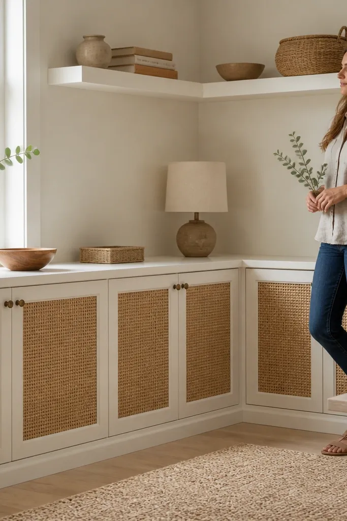 Corner built-in with rattan doors on lower cabinets and open ledge above