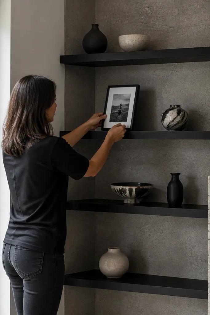 Monochrome corner shelves with a textured gray back panel and open cubbies