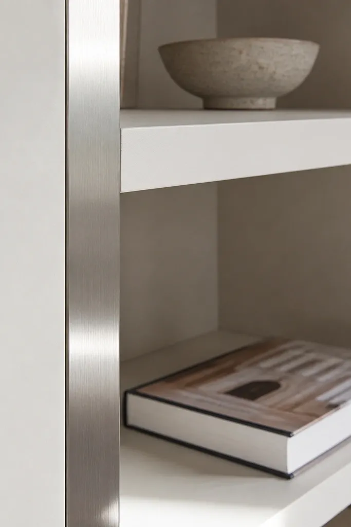 Corner built-in shelves with slim metal edge trim and matte painted shelves