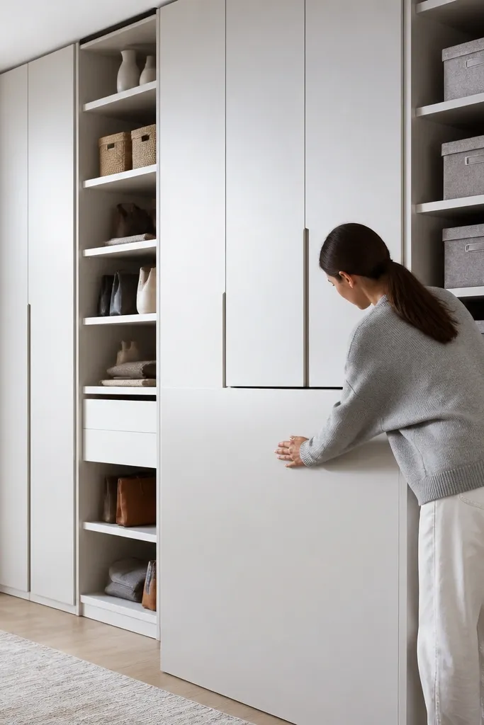 Corner built-in with tall storage columns and a lift-top cabinet section