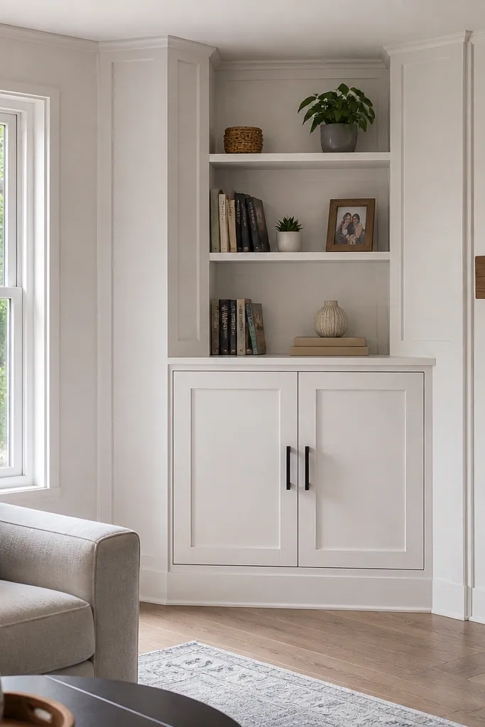 Corner built-in shelves with paneled side returns and a clean kick base