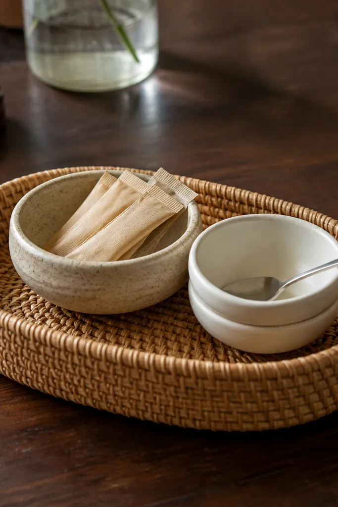 Round rattan tray with two small glazed ceramic bowls and a folded linen napkin